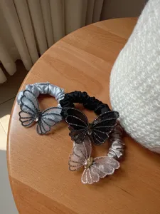 Butterfly rhinestone hair scrunchie mesh high elasticity cute ponytail holder hair accessory
