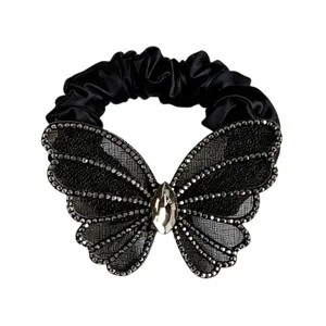 Black mesh butterfly rhinestone hair scrunchie elegant crystal ponytail holder hair tie