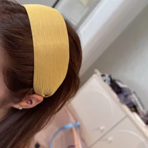 Yellow pleated wide fabric headband casual daily hair accessory for women detail view
