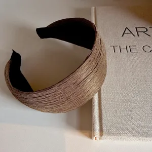 Vintage wide fabric headband for women, stylish brown textured hair hoop for daily wear.