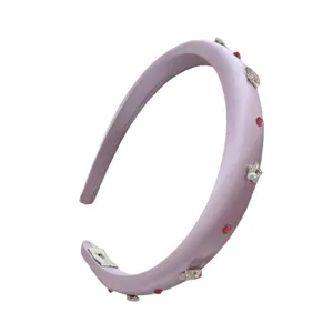 Lavender satin padded rhinestone headband, elegant wide hair hoop with crystal stars for women.