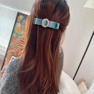 Retro velvet bow hair clip with rhinestone circle, elegant spring hairpin for women detail view.