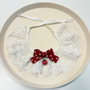 Cute pet lace collar with red bow and strawberry bell detail for cats and dogs sweet style