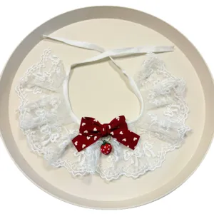 Cute white lace pet bib with red heart bow and strawberry bell, sweet collar for cats dogs.