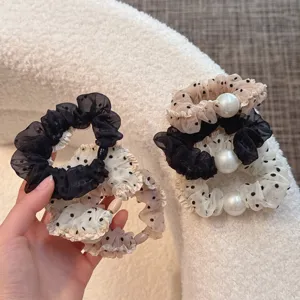 French Vintage Polka Dot Mesh Hair Scrunchies Women Sweet Hair Accessories With Artificial Pearl Elegant Ponytail Holder Hair Rope