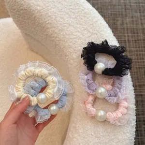Chic Mesh Lace Scrunchies With Artificial Pearl Elegant Elastic Hair Ropes Ponytail Holder Hair Accessories For Women
