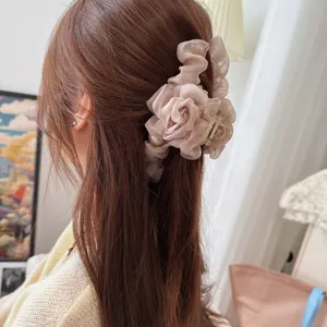 Elegant mesh flower pearl hair claw clip for women, chic back head hair styling accessory.