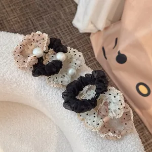 Korean mesh polka dot hair scrunchies with elegant faux pearls for cute daily hairstyles.