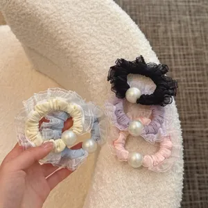 Elegant mesh lace pearl hair scrunchies for women, high elastic ponytail hair ties set.