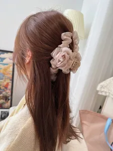 Chiffon mesh flower hair claw clip with pearl details, elegant hair accessory for women styling.