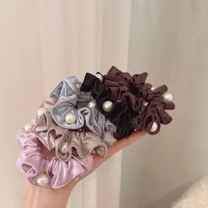 Korean Style Fabric Pleated Hair Scrunchy Elegant Pearl Beaded Ponytail Holder Elastic Hair Rope Fashion Hair Accessories