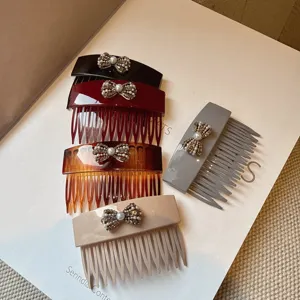 Acrylic rhinestone bow hair comb detail showcasing elegant design and various colors for women.
