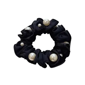 Korean style black pleated hair scrunchie decorated with elegant faux pearls for women.