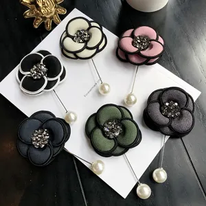 Vintage Camellia Flower Brooch Pin Rhinestone Artificial Pearl Elegant Clothing Accessories Coat Dress Decor Jewelry For Women