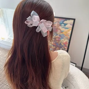 Korean style mesh bow hair clip, sweet pink and white hairpin for women and girls daily wear.