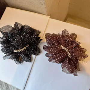 French vintage polka dot mesh hair claw clip for elegant hairstyles and daily wear.