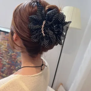 French vintage polka dot mesh hair claw clip, elegant back head updo shark clip detail.