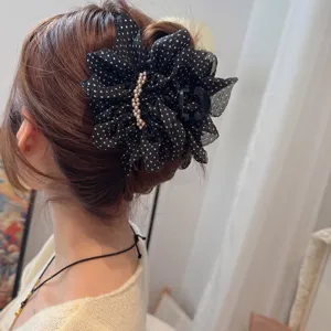 French vintage polka dot mesh hair claw clip for women, elegant voluminous hair styling tool.