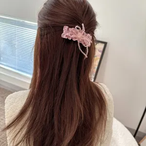 Korean style crystal flower hair comb, pink beaded fabric hair accessory for elegant hairstyles.
