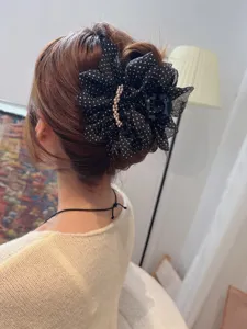 French retro polka dot mesh hair claw clip for women, elegant floral big shark clip headwear.