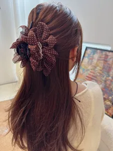 French vintage brown polka dot mesh flower hair claw clip elegant hair accessory for women