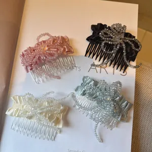 Korean crystal beaded hair comb detail, elegant ribbon side clip for sweet styling