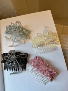 Crystal beaded bow hair comb side comb elegant hair accessory for styling and daily wear.
