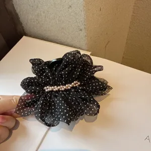 French vintage polka dot mesh hair claw, cloud pleated design with faux pearls detail.