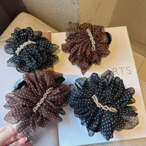French Vintage Polka Dot Mesh Hair Claw Elegant Cloud Pleated Shark Clip With Artificial Pearl Women Hair Accessories