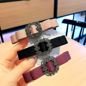 Fabric bow hair clip with sparkling rhinestones elegant spring hairpin for women daily styling
