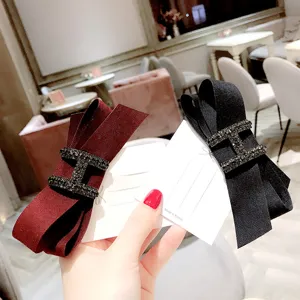 Fashion fabric bow hair clip with sparkling rhinestone H buckle, elegant women headwear.