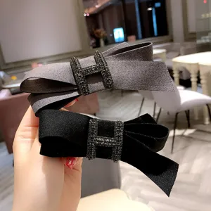 Korean fashion fabric bow hair clip with rhinestone H buckle elegant women ponytail holder