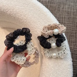 Korean style mesh polka dot scrunchies with elegant pearls, exquisite detail product view.