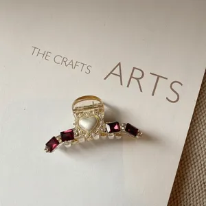 Rhinestone heart pearl hair claw clip detail, sparkling crystal shark clip for half up hair.