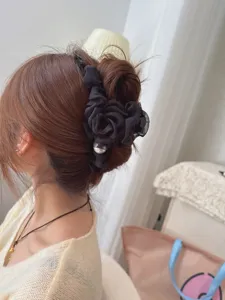 Black mesh flower pearl claw clip for women, elegant hair accessory for buns and styling