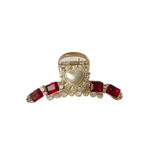 Shiny pearl red rhinestone hair claw clip, elegant heart shark clip for women half up hair.