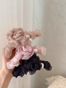 Mesh flower hair claw clip with pearl detail, elegant pleated design for daily styling.