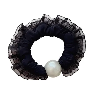 Elegant black mesh lace scrunchie with large white pearl accent, chic hair tie for women.