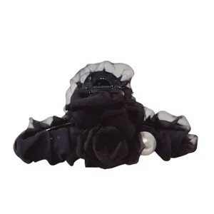 Black mesh flower hair claw clip with pearl ruffles, elegant shark clip hair accessory.