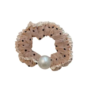 Korean mesh polka dot scrunchie with pearl and ruffle edge for women hair styling.