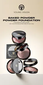 Detailed view of baked powder foundation compact, silky micro-fine texture for smooth finish.