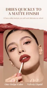 Rossetto liquido opaco con texture vellutata setosa, formula ad asciugatura rapida e colore ricco.
