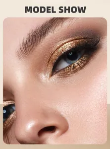 Close-up detail of shimmering golden eyeshadow makeup on model eye, smooth and radiant finish.