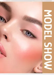 Professional makeup model close-up showing matte blush and eye shadow cream texture look.