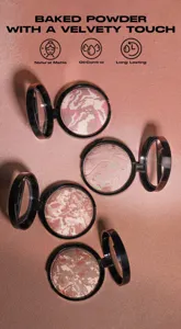 Detailed view of baked face powder with silky marbled texture for smooth matte finish.
