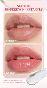 Lip balm moisturizing before and after comparison detail view with smooth cream texture swatch