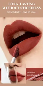Primo piano macro di gloss labbra opaco vellutato, texture a lunga tenuta anti-sbavatura.