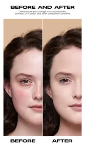 Before and after makeup powder foundation showing moderate coverage for redness and dullness.