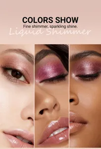 Liquid shimmering eyeshadow with fine glitter and metallic pearlescent finish for makeup.
