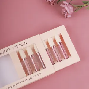 Detailed close-up view of the 6-piece matte liquid lipstick set in elegant pink box.